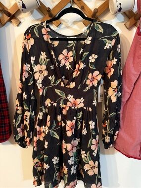 Billabong Black Mini Dress with Pink and Cream Floral Print